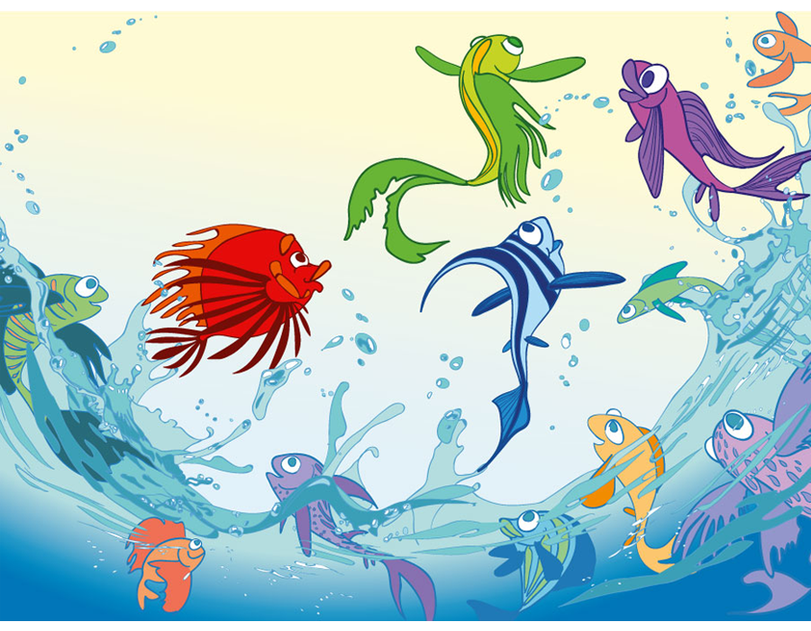 fisk, børnebog, digital illustration, jubel, fryd, frihed, personificeret, vand, vandsprøjt, digital, illustrator, vector, vektor, hav, havet, sea, 